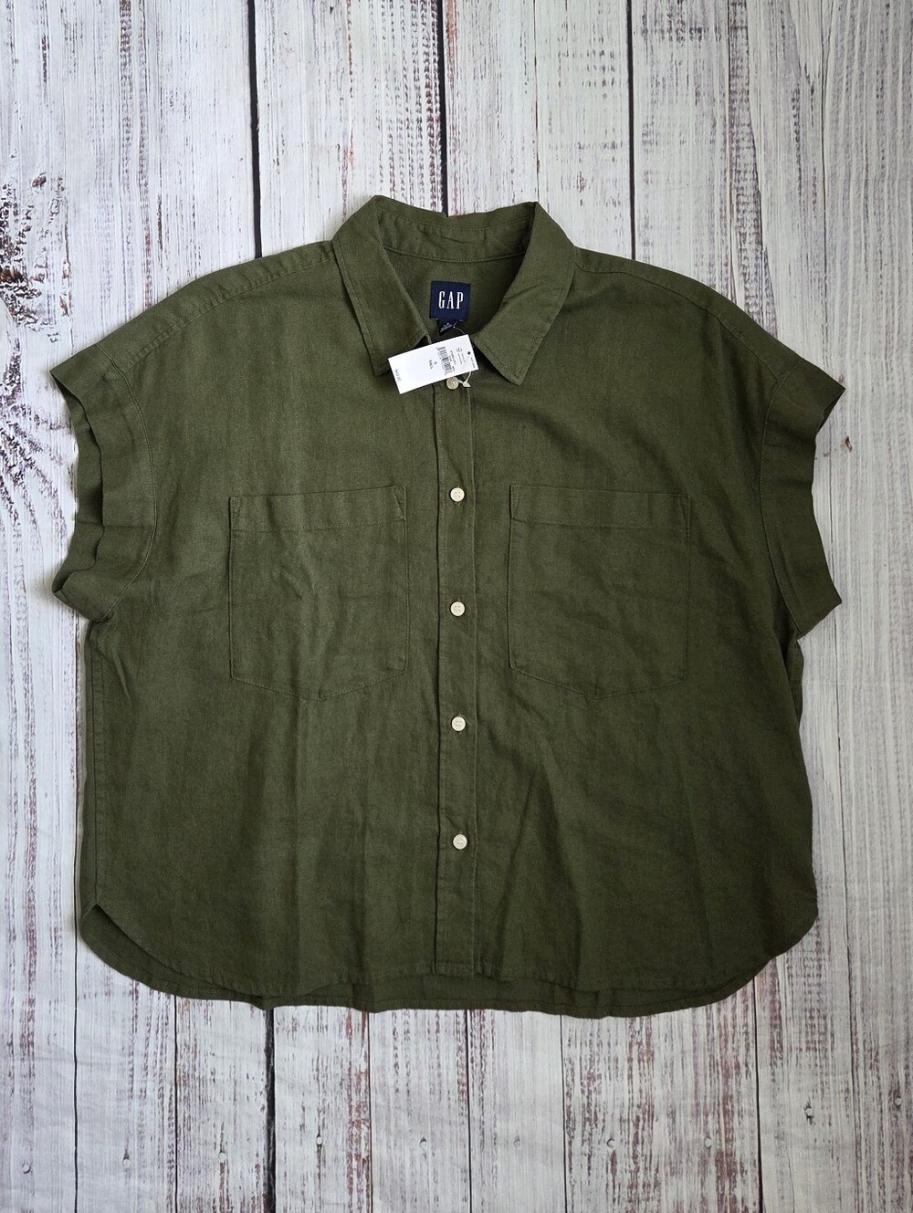 GAP Olive Green Linen Blend Cropped Button Down Shirt Small Tall NEW NWT 875993 - Picture 3 of 9